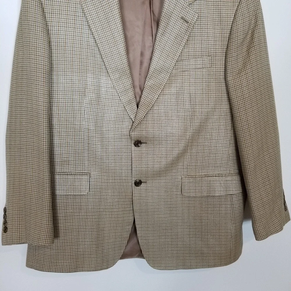 Chaps Men 100% Silk Houndstooth Blazer Jacket Sz 42 R‎ Beige Brown Sport Coat